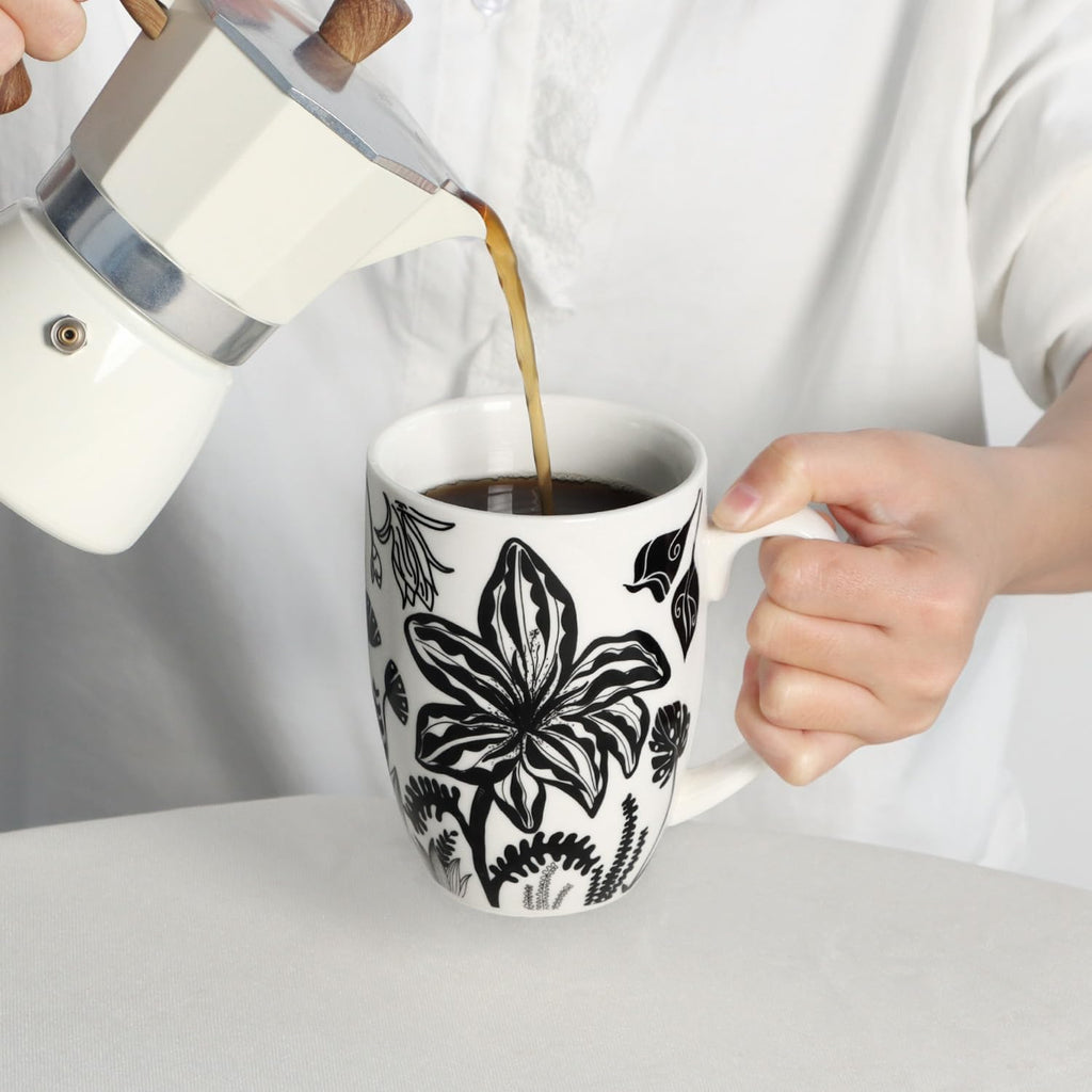 16oz Black and White Boho Floral Mug - Unique Coffee Mugs and Tea Cup, Novelty Ceramic Cups Gifts for Women and Men.