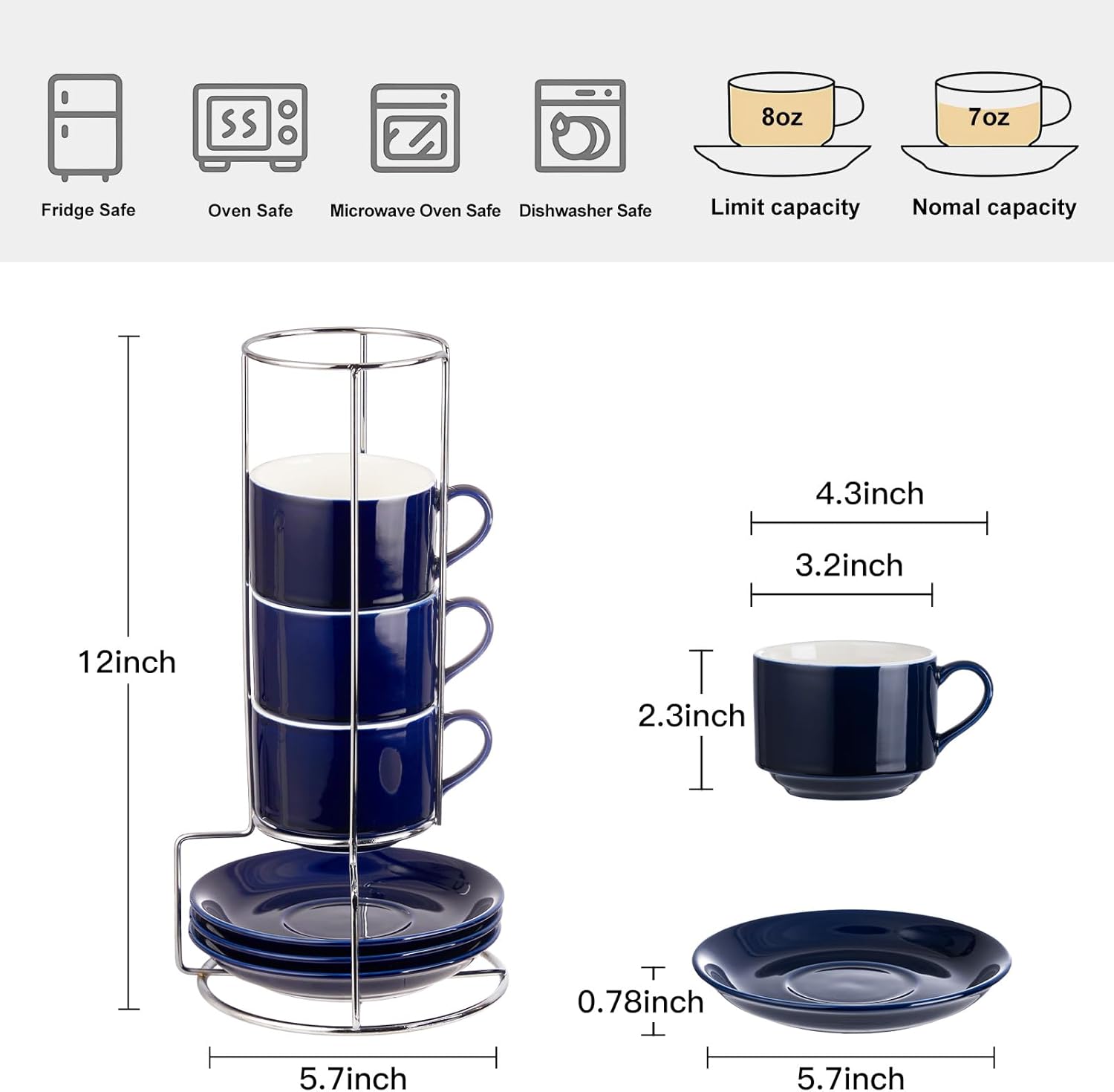 8 Ounce Porcelain Cappuccino Cups with Saucers and Silver Stand, Navy Cups Set of 4