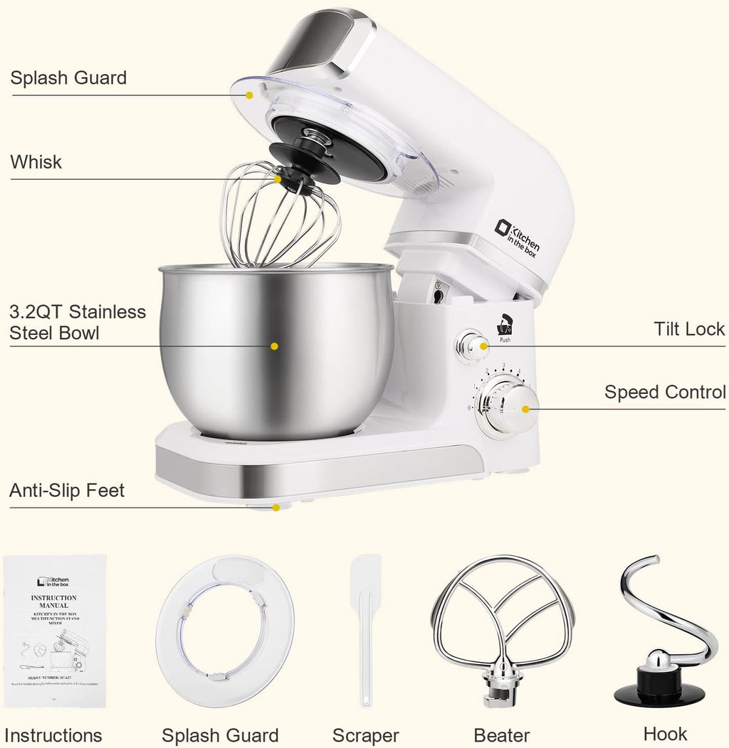 Kitchen in the box Stand Mixer,3.2Qt Mini Electric Food Mixer,6 Speeds Portable Lightweight Kitchen Mixer for Daily Use with Egg Whisk,Dough Hook,Flat Beater (White)