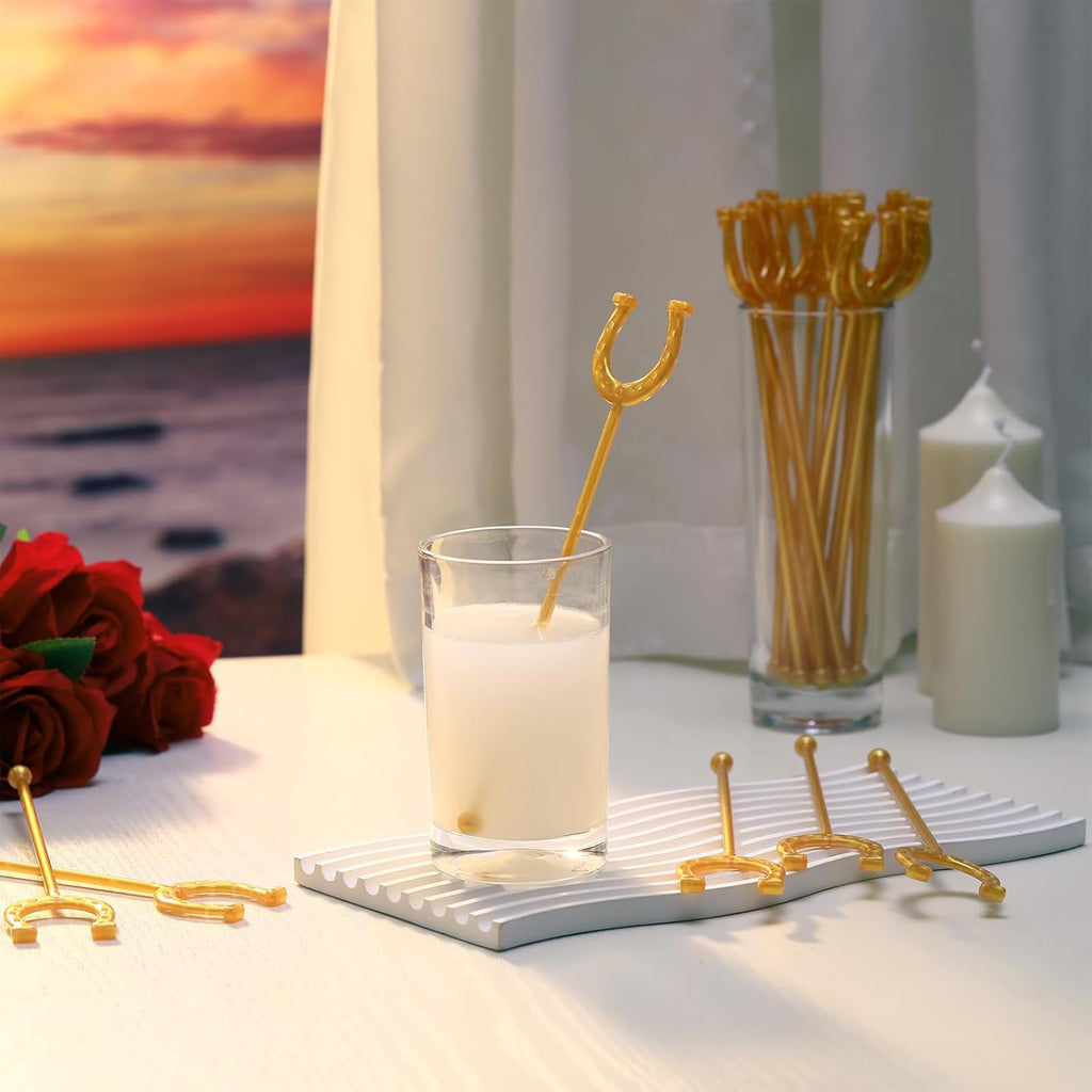 6 Inch Derby Drink Plastic Stirrers Swizzle Sticks for Cocktails Coffee Reusable U Shaped Horseshoe Drink Stirrers for Coffee Beverage Party Bar Weddings Events(Gold,30 Pcs)