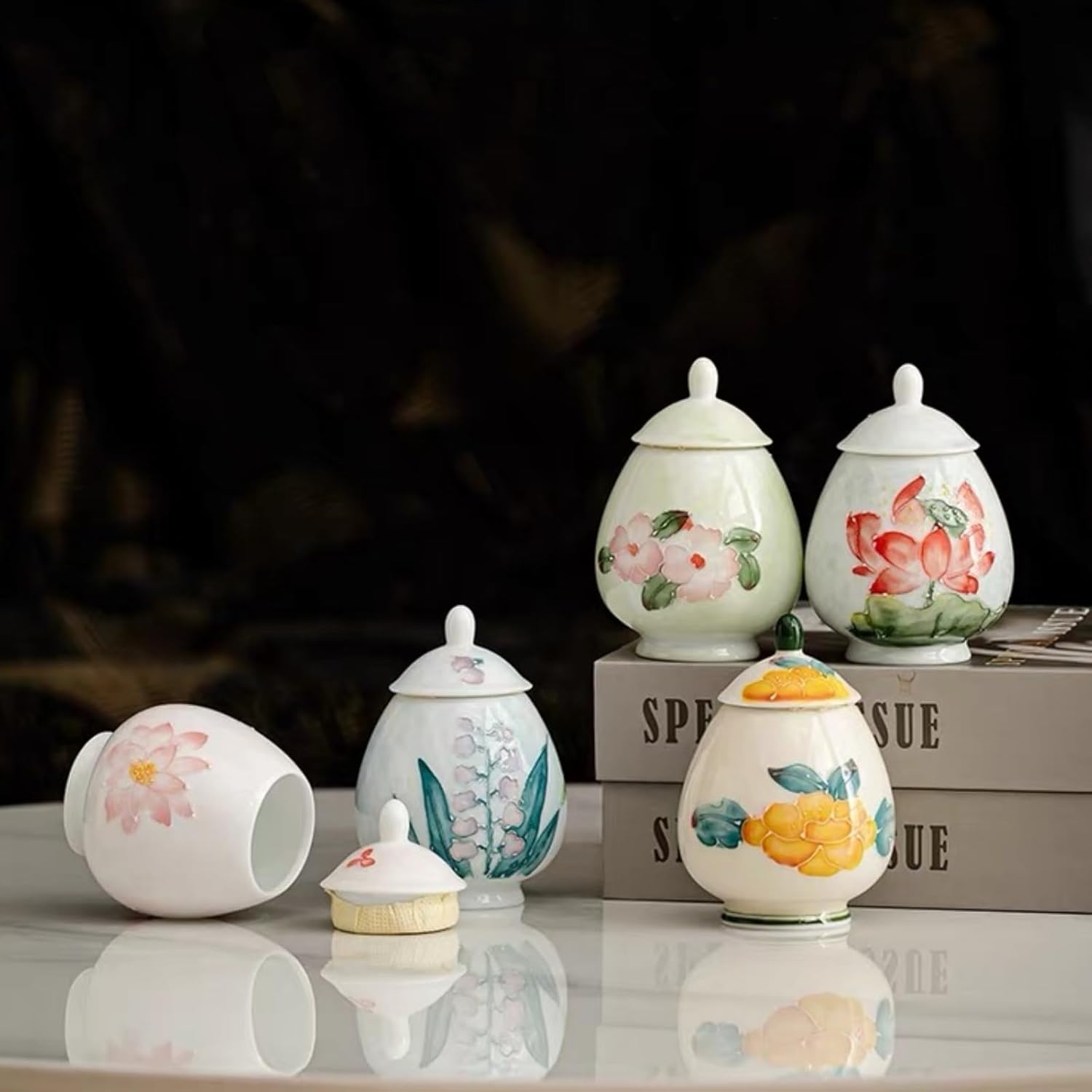 flowers Small Ginger Jar - 4 inches yellow decorative Ceramic Ginger jars with Lid， chinoiserie gift small jars for Home decor/jewelry/Tea/coffee beans/Storage