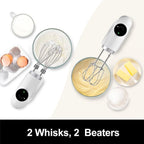 Kitchen in the box Cordless Rechargeable Hand Mixer for Kitchen, Portable Handheld Electric Mixer with Beaters, Whisks, 6-Speed Digital Display, Charging Base and USB-C Charge Cable (Pearl White)