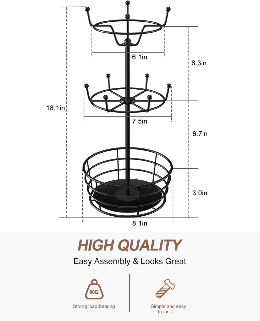 Visentor Rotatable Metal Coffee Mug Rack - 3 Tier Holder with 10 Hooks, Cup Pods & Saucer Basket for Bar Kitchen Counter - Black