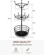 Visentor Rotatable Metal Coffee Mug Rack - 3 Tier Holder with 10 Hooks, Cup Pods & Saucer Basket for Bar Kitchen Counter - Black