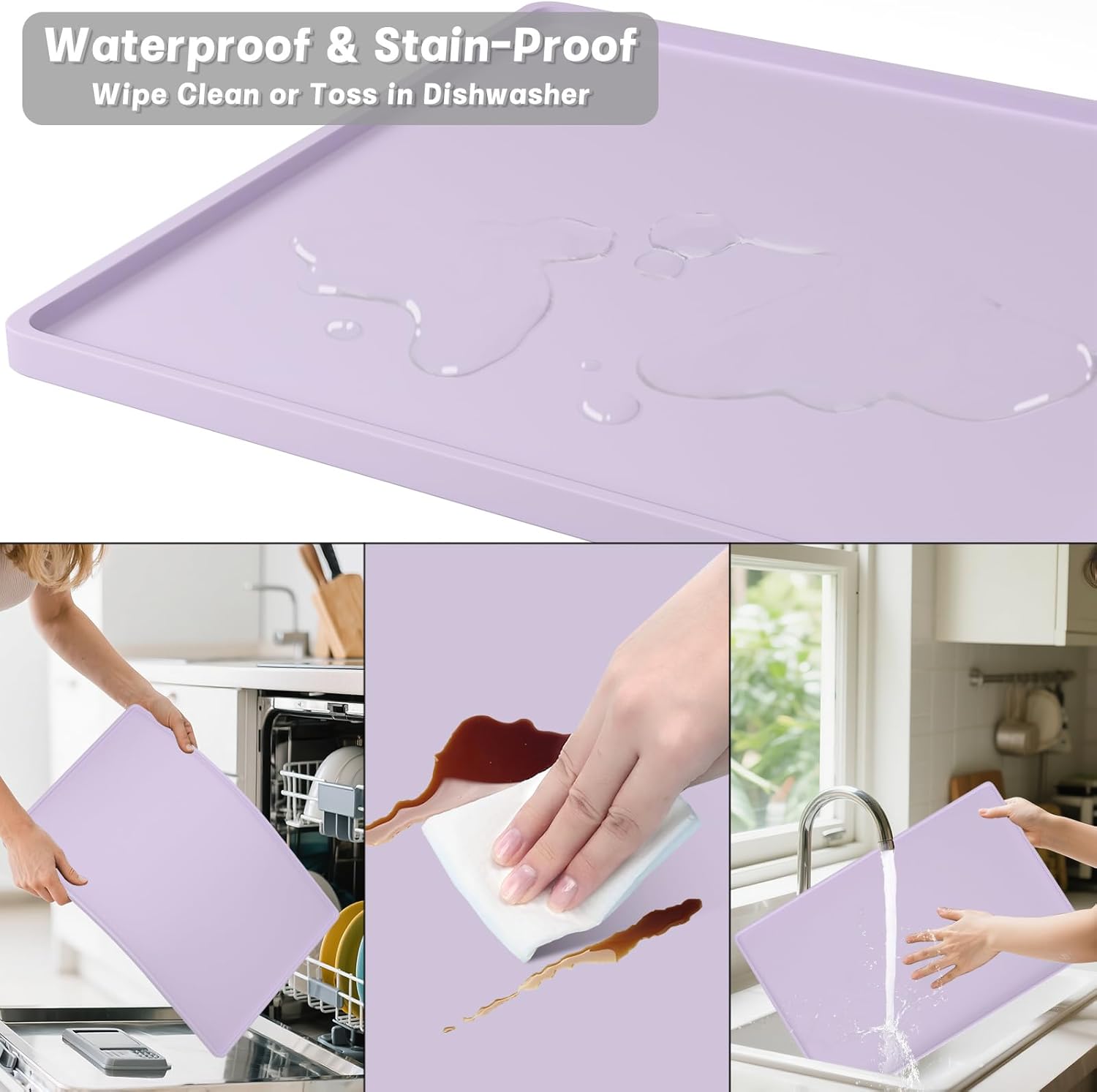 Rnivvi Silicone Coffee Mat, 16" x 24" Waterproof Raised Edge Coffee Bar Mats for Espresso Machine Station Accessories, Heat Resistant Detachable Dish Drying Pad for Kitchen Counter, Dish Rack, Purple