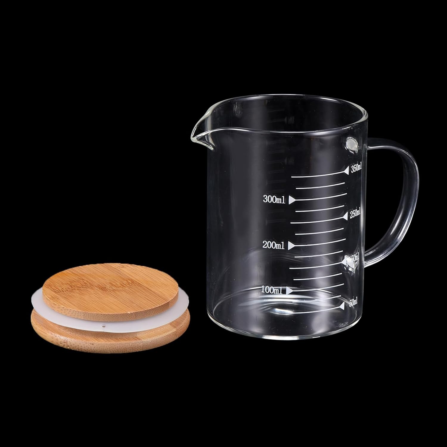 PATIKIL 350ml Glass Measuring Cup, 3.3 Borosilicate Glass Graduated White Printed Scale Liquid Measure Cups Beaker with Wood Lid and V-Shaped Spout for Kitchen