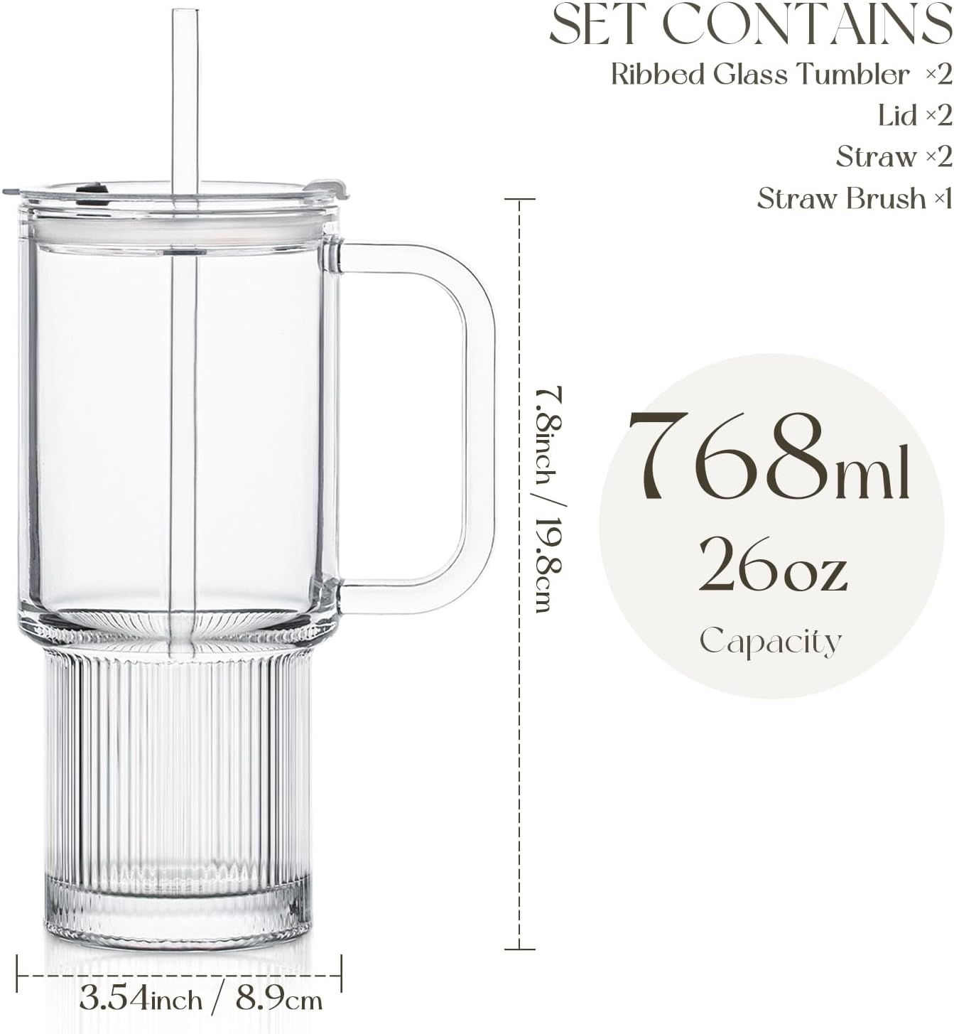 KEMORELA 2-Pack 26oz Ribbed Glass Tumblers with Handle and Lid – Large Aesthetic Iced Coffee Cups with Straws, Modern Textured Glass Mugs for Smoothies, Tea, Juice & Cold Beverages, Dishwasher Safe