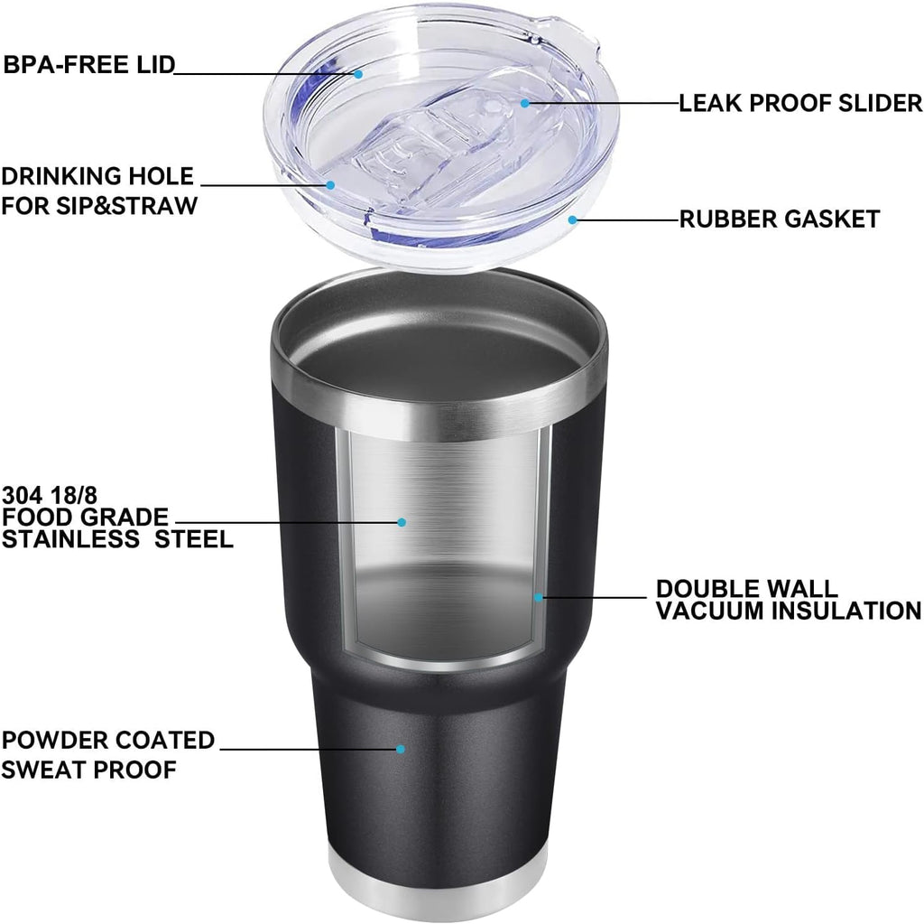 DOMICARE 30 oz Tumbler with Lid and Straw, Stainless Steel Tumblers Bulk, Insulated Vacuum Double Wall Travel Coffee Mug, Durable Powder Coated Tumbler Cups (Black, 8)