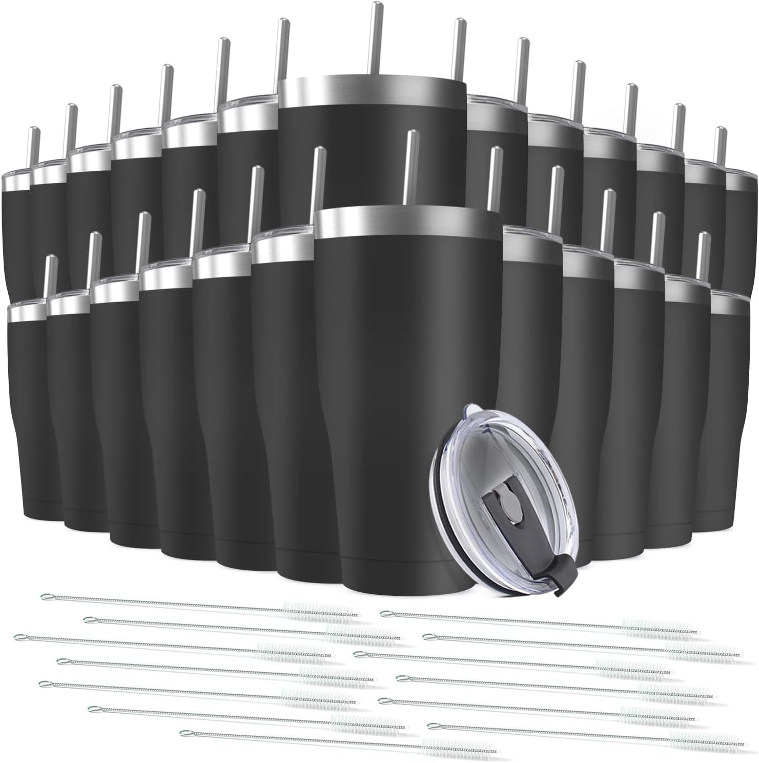 25 Pack 30oz Stainless Steel Tumblers Bulk Reusable Travel Mugs with Lid, Double Wall Powder Coated Coffe Cup for Home, Office, Outdoor Suitable for Vehicle Cup Holders Black