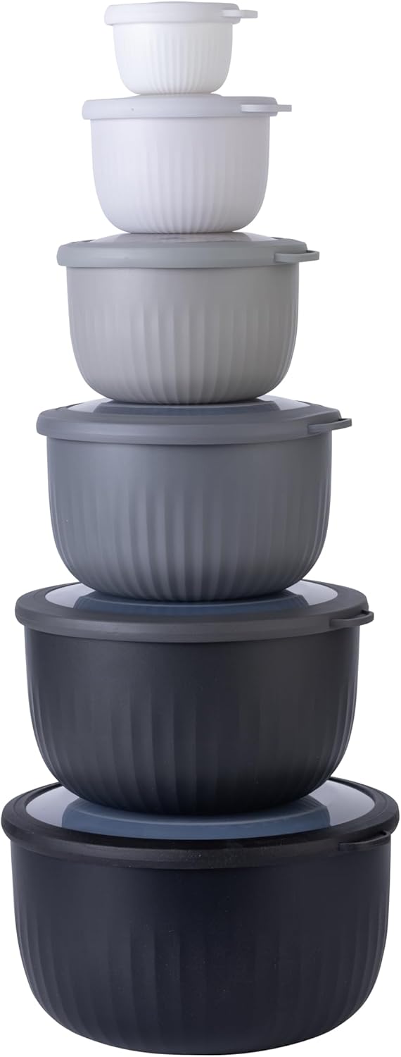 COOK WITH COLOR Prep Bowls with Lids- Wide and Deep Nesting Plastic Small Mixing Bowl Set with Lids, 12 Piece Set - Deep Bowls, Black/White