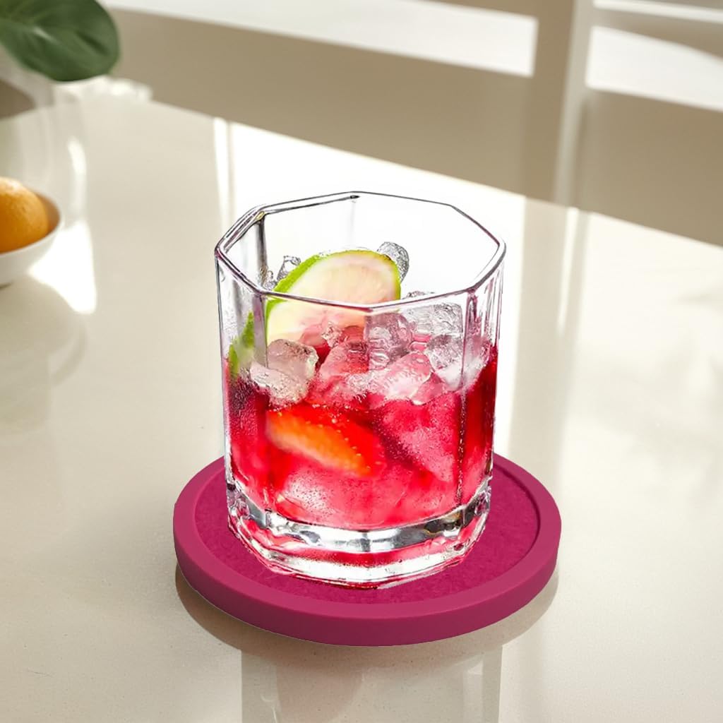 Absorbent Coasters for Drinks with Holder - 6packs, Silicone Coaster with Soft Felt Insert (4.3 inch Coasters with 4.5 inch Holder, Pink)