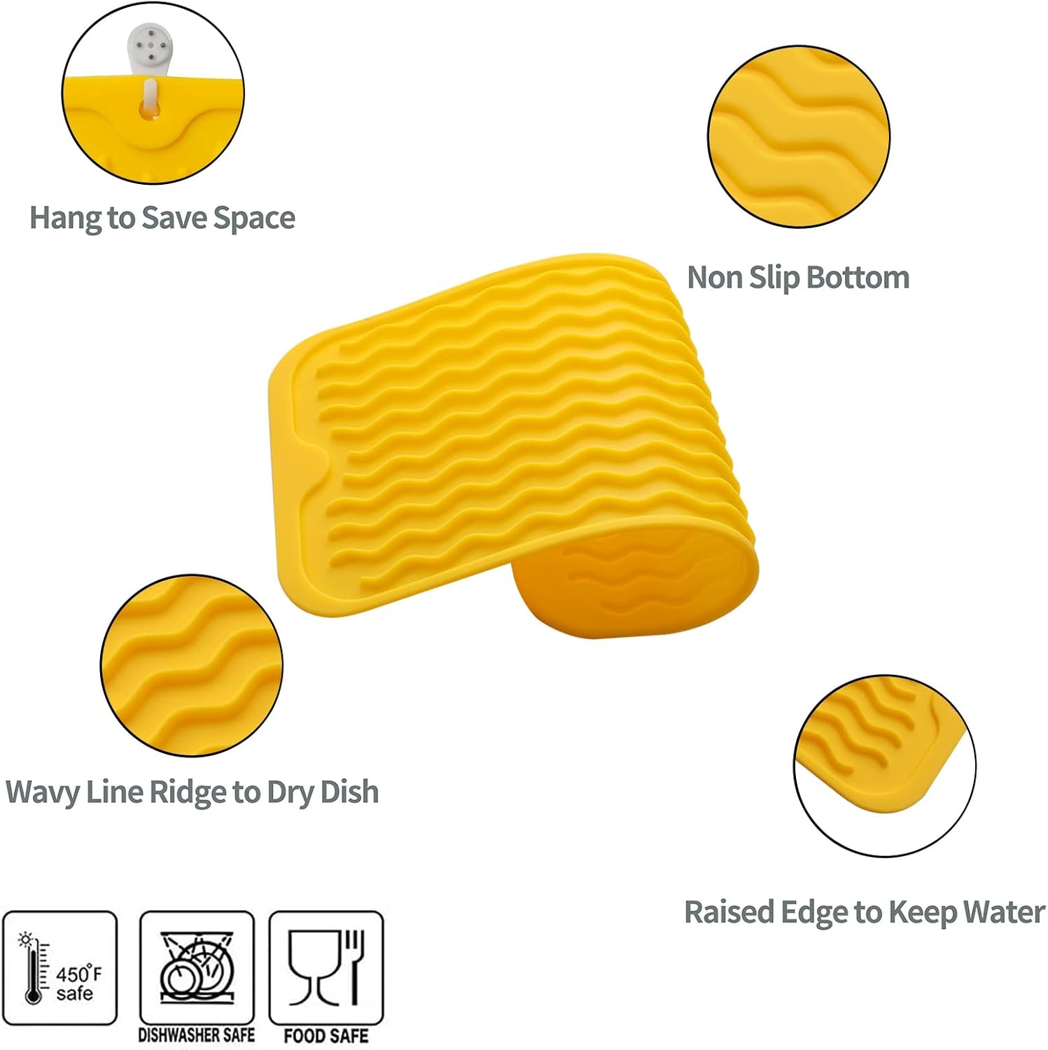 Silicone Dish Drying Mat for Multiple Usage,Easy clean,Eco-friendly,Heat-resistant Silicone Mat for Kitchen Counter or Sink,Refrigerator or Drawer Liner Yellow S 12 inches x 6 inches