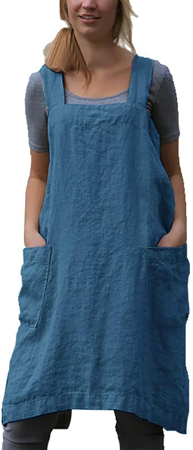 YESDOOD Apron for Womens Cotton Linen Apron Cross Back with Pockets Pinafore Dress for Baking Cooking