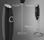 Handheld Milk Frother for Coffee - Stainless Steel Electric Drink Mixer & Matcha Whisk - Ergonomic Hand Frother With Stand & Recipes (Black)