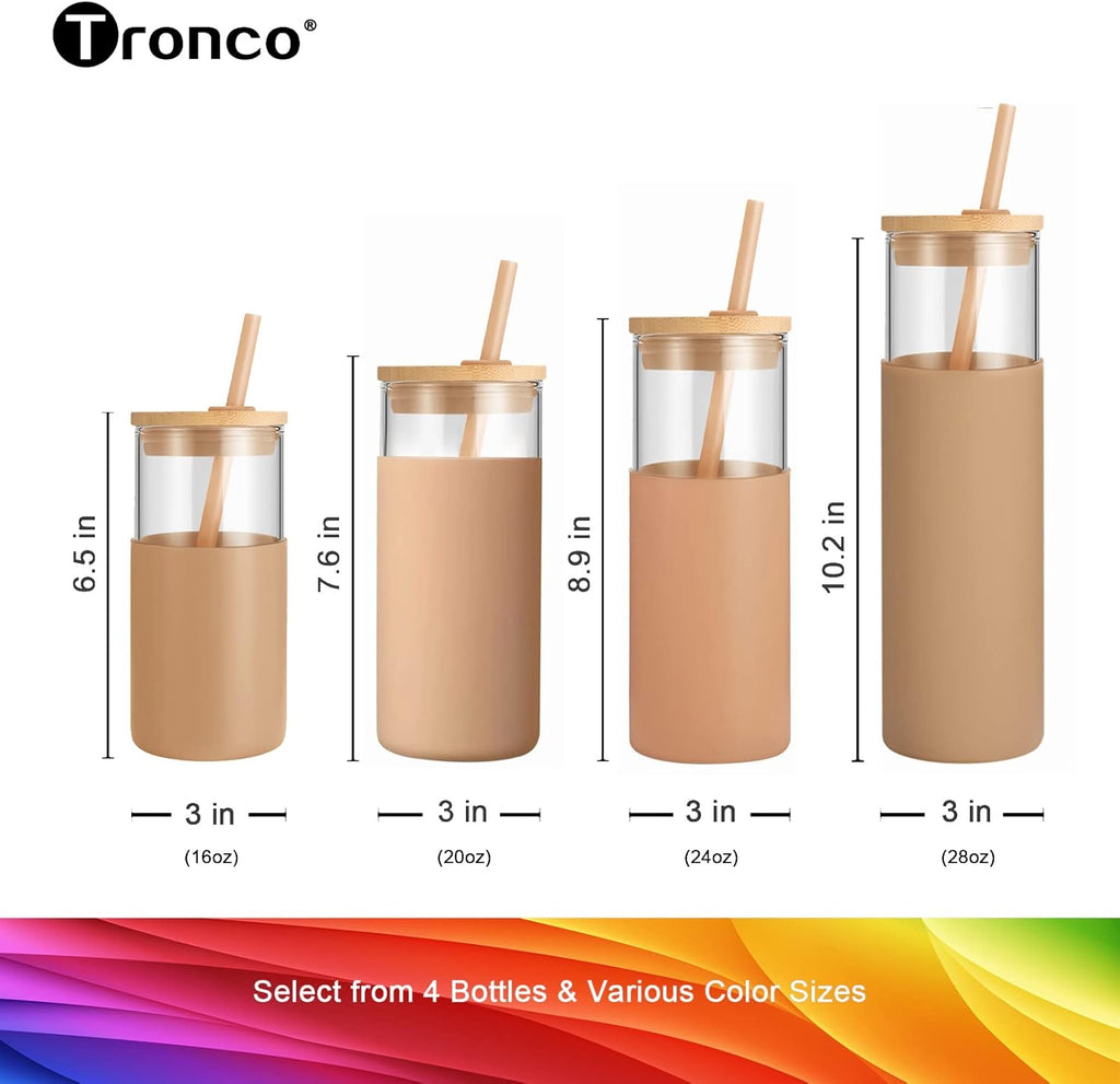 Tronco 24 oz Glass Tumbler with Straw and Lid - Smoothie and Iced Coffee Cup - Bamboo Lid and Protective Silicone Sleeve - BPA-Free