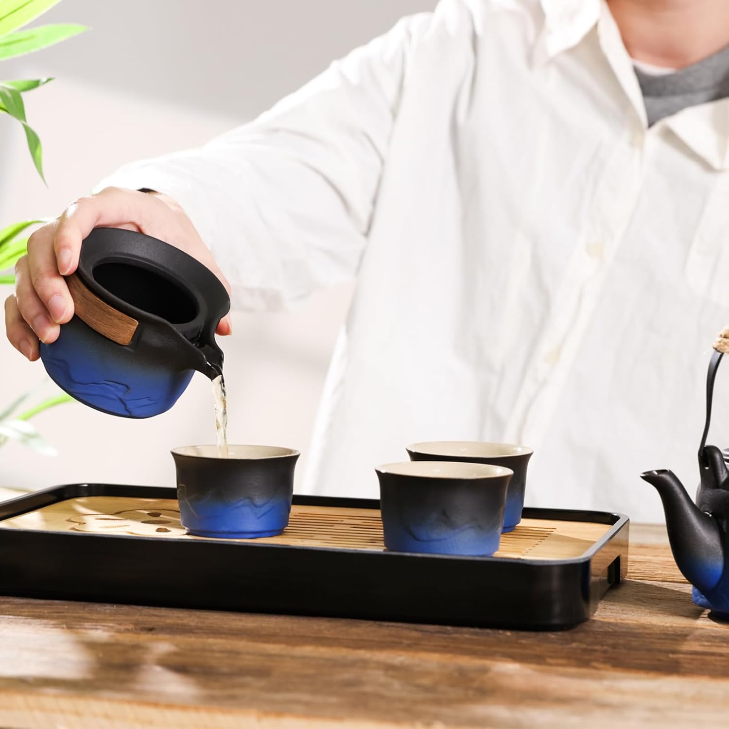 LURRIER Gongfu tea sets, Portable Ceramic TeaSet, Asian Tea sets for adult, Tea Gift sets, Grey leather case, Portable Travel Bag,Home,Gifting,Outdoor and Office(Black and Blue)