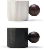 Ceramic Mini Espresso Cups Demitasse Cups with Round Wooden Handle Vertical Stripes Tea Cups (Black/White, 2pcs)