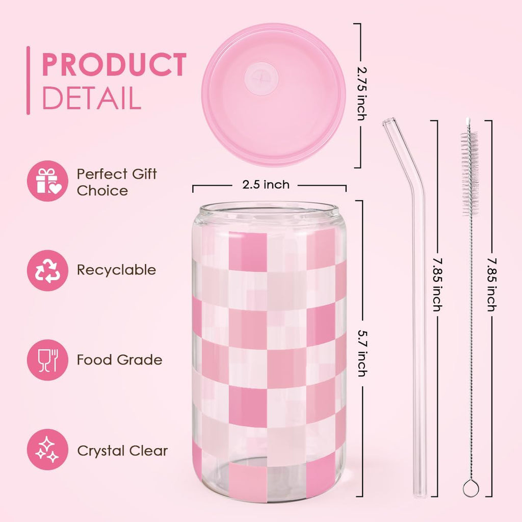 Checker 16 Oz Can Glass Tumbler with Acrylic Lid and Straw - Iced Coffee Cups for Women, Aesthetic Glass Cup Gift for Birthday Christmas