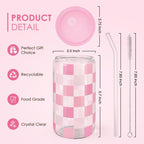 Checker 16 Oz Can Glass Tumbler with Acrylic Lid and Straw - Iced Coffee Cups for Women, Aesthetic Glass Cup Gift for Birthday Christmas