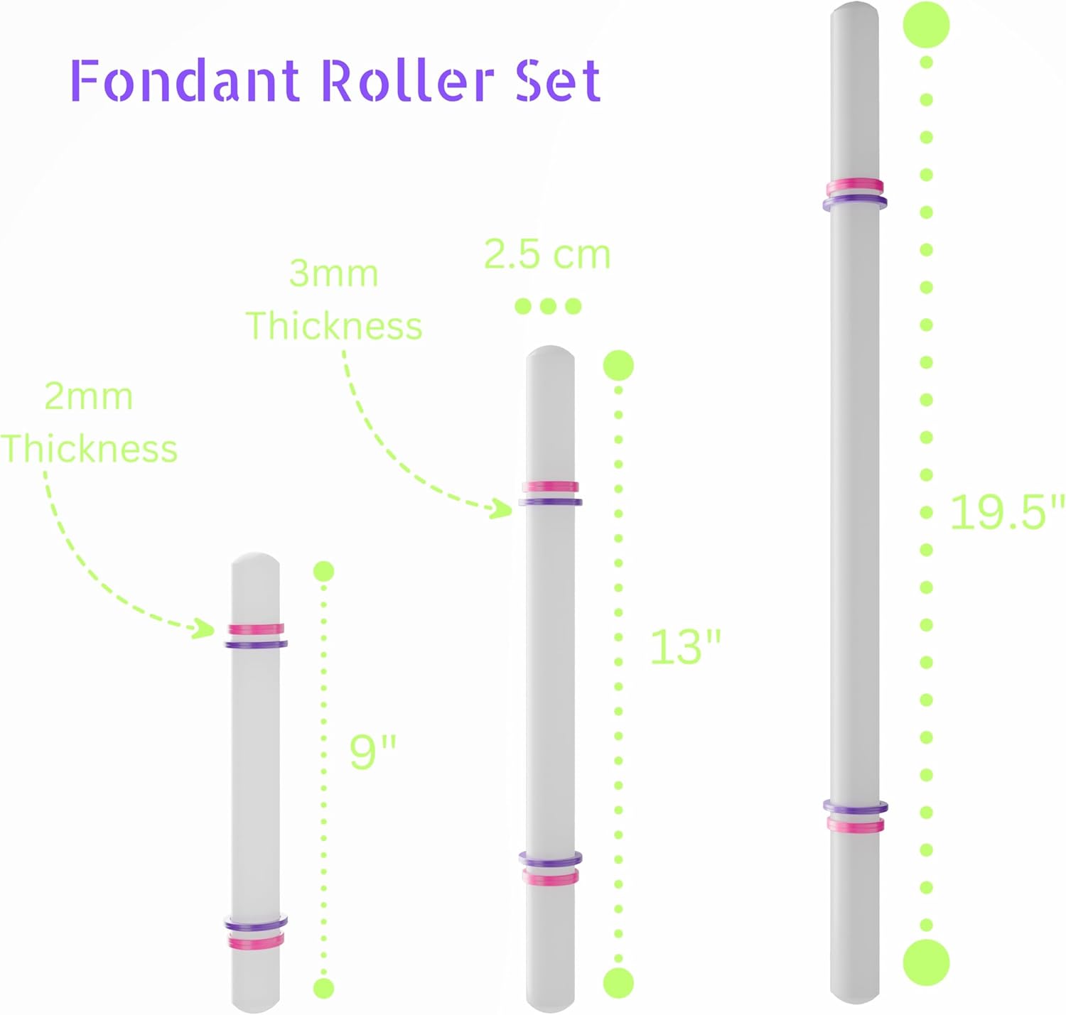 Bakerpan Fondant Roller 3 Size Set, for Rolling Fondant, Gum Paste, Dough, Large, Medium and Small Rolling Pins with Thickness Rings, 19.5", 13", 9" Rollers