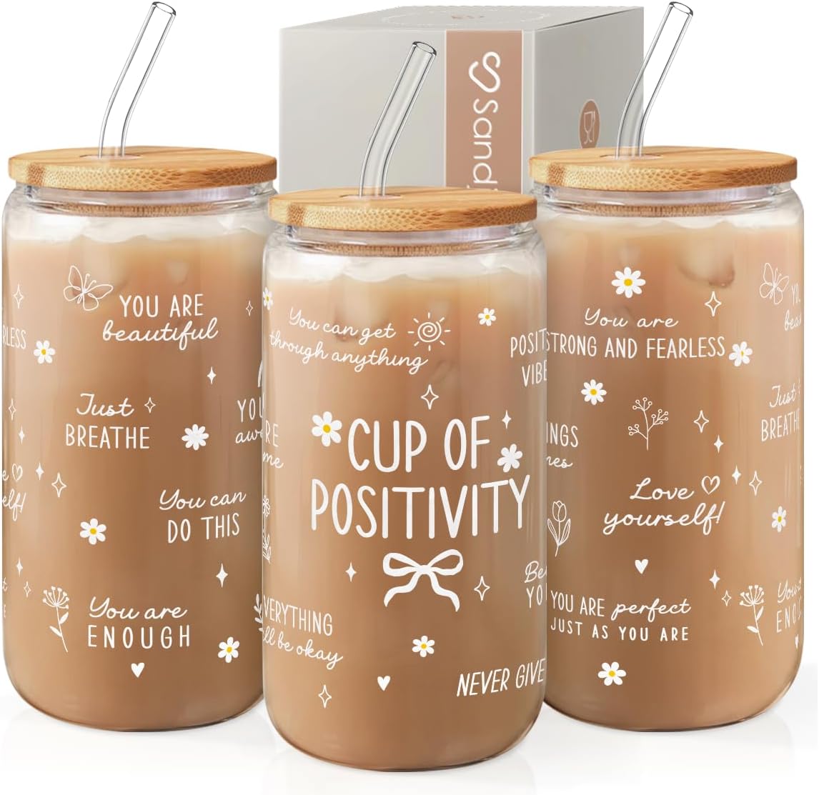 SANDJEST Inspiration Glass Can, Positive Motivational Cup with Lid & Straw, Iced Coffee Aesthetic Cups, Gift for Christmas Birthday Mother Day, Gifts for Women, 16oz