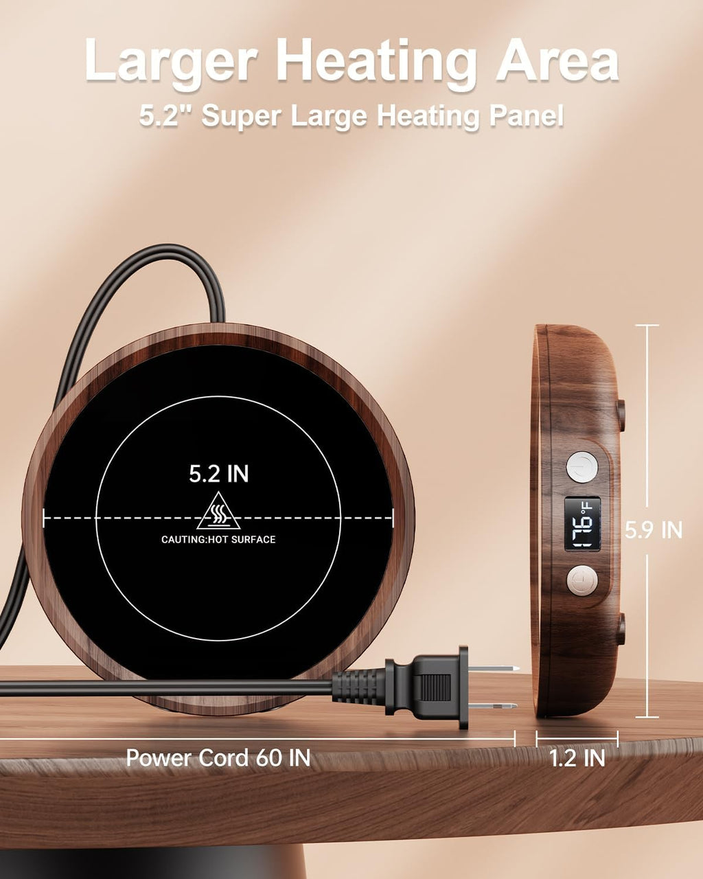 SWEETFULL Mug Warmer - Upgraded 36W Coffee Cup Warmer for Desk with 130℉-176℉ Digital Display, 2-12H Timer Auto Shut Off, Smart Electric Coffee Heating Plate, Ideal Gifts for Women Men - Wood