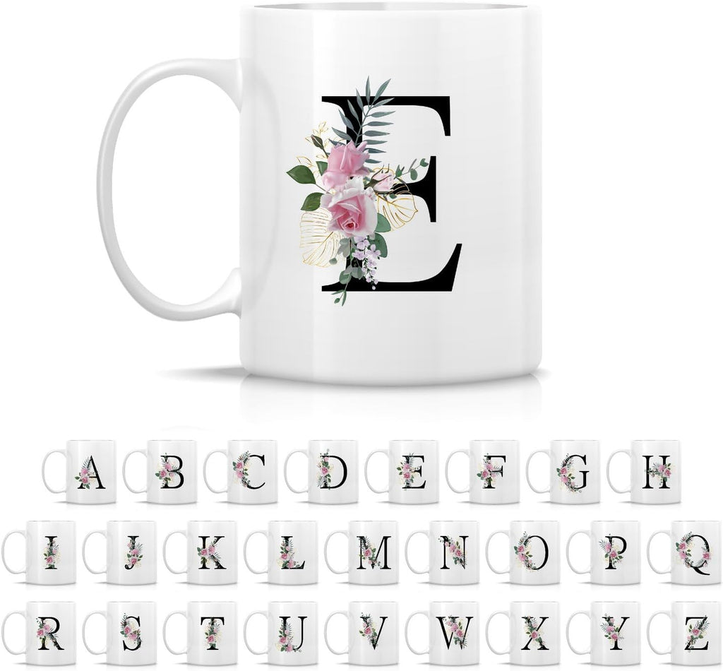 Retreez Initial A-Z Floral Botanical Bouquet Alphabet Monogrammed Monogram Mug 11 Oz Ceramic Tea Coffee Mugs - Appreciation Thank You Wedding Birthday Gifts for her friend coworker sister - E Initial