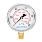 MEASUREMAN 2-1/2inch Dial Size, Liquid Filled Pressure Gauge, 0-1000psi/7000kpa, 304 Stainless Steel Case, 1/4inchNPT Lower Mount