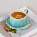 KAMMAK Tea Cups and Saucers Set of 2, Porcelain Coffee Cups, 7.5oz Crystalline Glaze Espresso Mugs, Ceramic Demitasse for Coffee, Cappuccino, Latte, Americano, Tea (Light green + Light blue)
