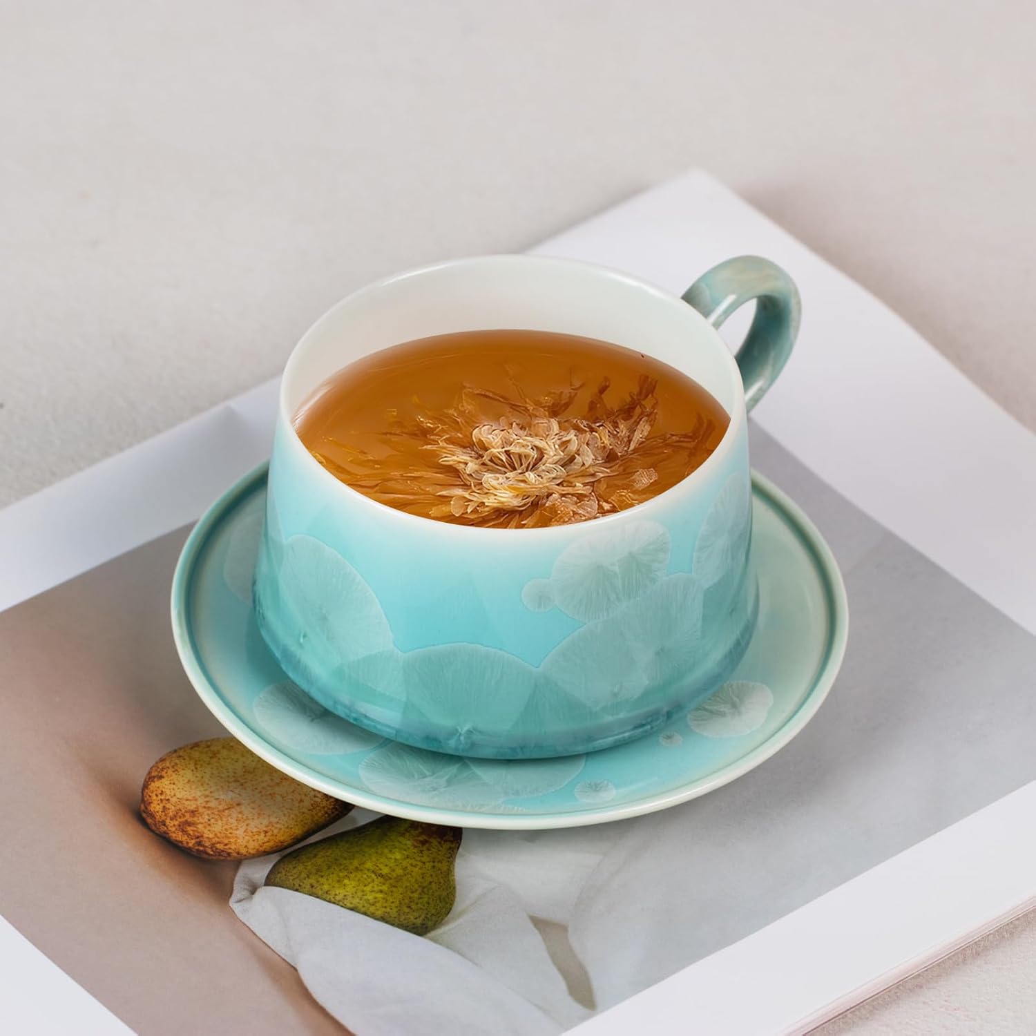 KAMMAK Tea Cups and Saucers Set of 2, Porcelain Coffee Cups, 7.5oz Crystalline Glaze Espresso Mugs, Ceramic Demitasse for Coffee, Cappuccino, Latte, Americano, Tea (Light green + Light blue)