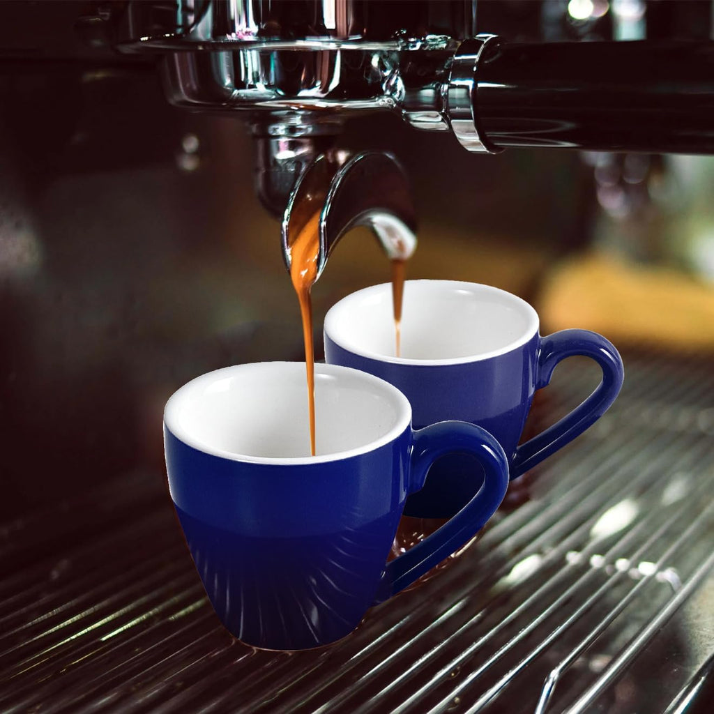 homEdge Porcelain Espresso Shot Cup Set with Saucers and Stainless Steel Spoons - 80 ml / 2.67 oz, Set of 4, Navy