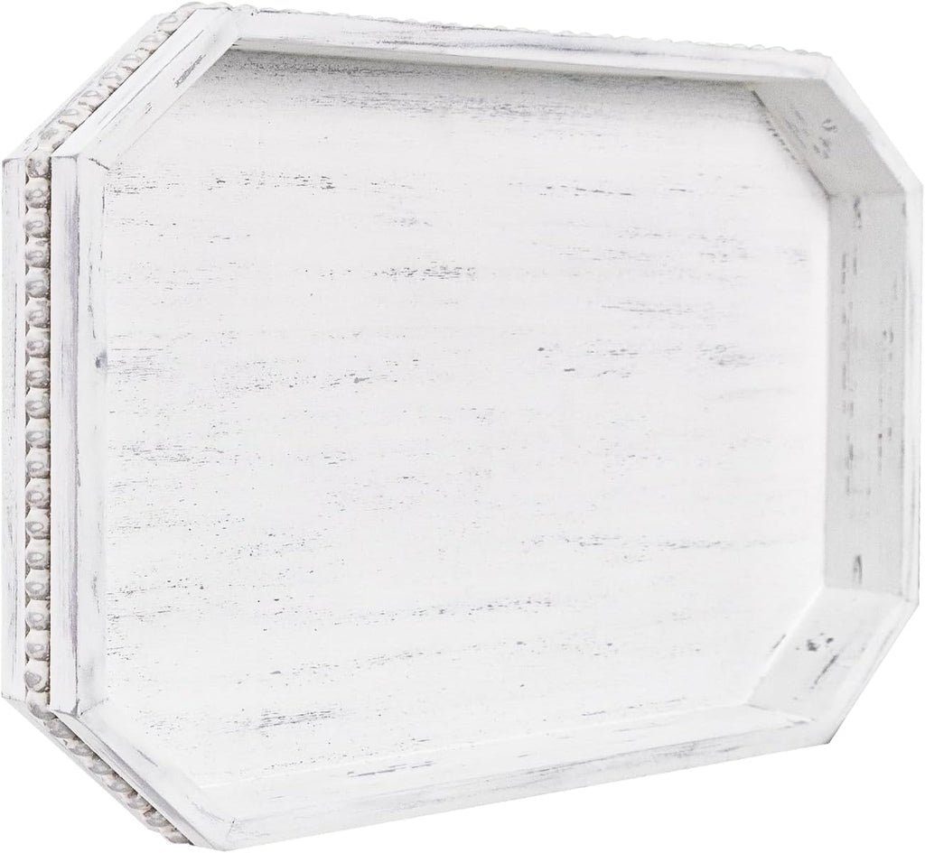 Wooden Decorative Tray, Rustic Serving Tray with Wood Bead, Farmhouse Big Tray for Ottoman, Countertop, Coffee Tabl, 16.5" x 13"x 1.6" (Retro White)