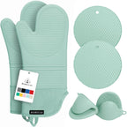 Rorecay 6pcs Oven Mitts and Pot Holders Sets Heat Resistant 500 Degrees, Extra Long Silicone Oven Gloves Non-Slip Potholders Hot Pads for Kitchen Baking Cooking, Quilted Liner, Bermuda Teal