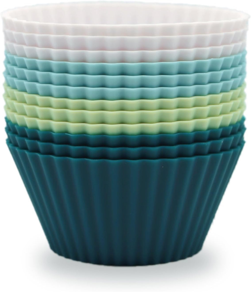 Silicone Baking Muffin Cups 12 Pack, Reusable Cupcake Liners Cake Molds, BPA Free, Dishwasher Safe(White, Green, Navy, Dusty Blue)