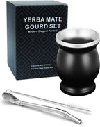 LA FEE Yerba Mate Natural Gourd/Tea Cup Set Brown (Original Traditional Mate Cup - 8 Ounces)，Includes Yerba Mate Straw & Cleaning Brush，Stainless Steel | Double-Walled | Easy to Clean (Black)