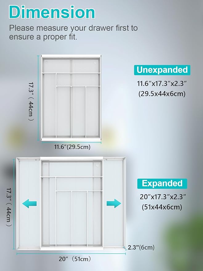 Silverware Organizer Metal Mesh, Large Drawer Organizer, Utensil Cutlery Tray for kitchen drawers, Expandable Flatware Organizer with 8 Compartment White 11.6"~20" x 17.3"