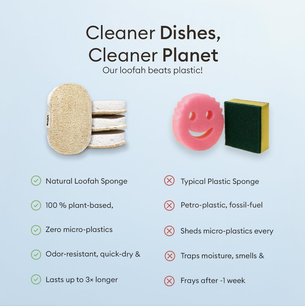 Vove. | Earth-Friendly Kitchen Sponges | 100% Natural | 12 Pack | Long-Lasting | Versatile Cleaning | Plastic Free | Washing up Sponge | Cellulose | Non-Scratch Scrubber | Compostable