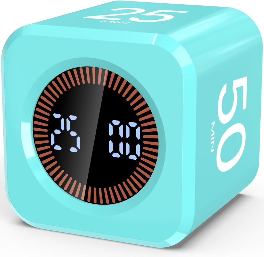 Pomodoro Timer Cube Visual Productivity Flip Timer for Kids Classroom Desk, 5/10/25/50min& Custom Countdown, Silent&Sound Mode Digital Cube for ADHD Study Work School Game Kitchen (Mint Green)