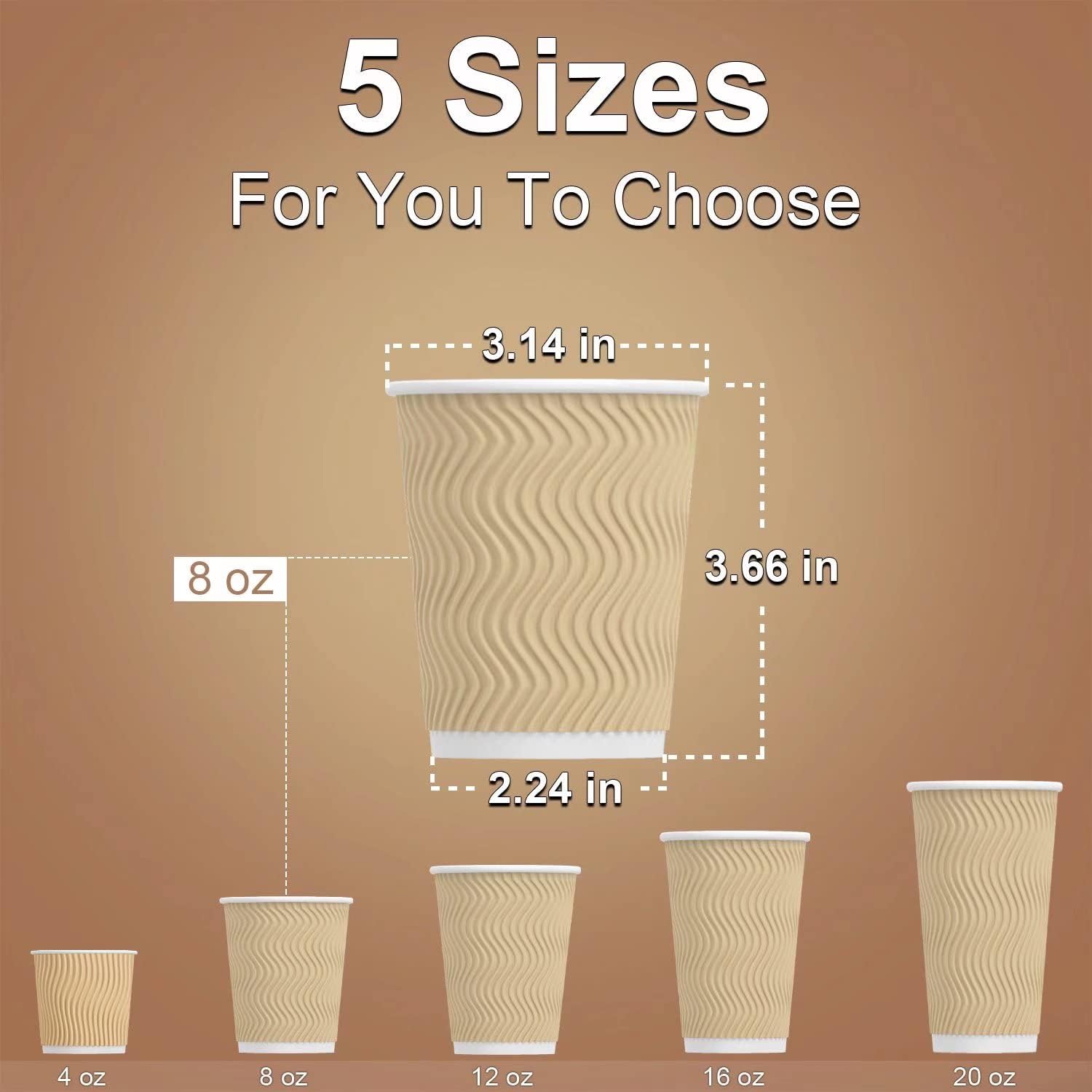 Hot 8 oz Disposable Insulated Corrugated Sleeve Ripple Wall Paper Coffee Cups for Drink, 100,8oz, Brown,Hot Coffee Cups