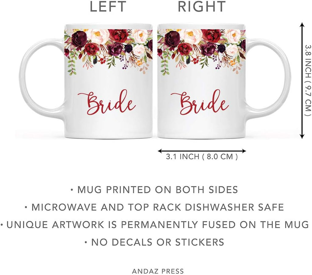 Andaz Press 11oz. Wedding Ceramic Coffee Tea Mug Gift, Fall Autumn Marsala Burgundy Flowers Roses Florals, Bride, 1-Pack, Includes Gift Box