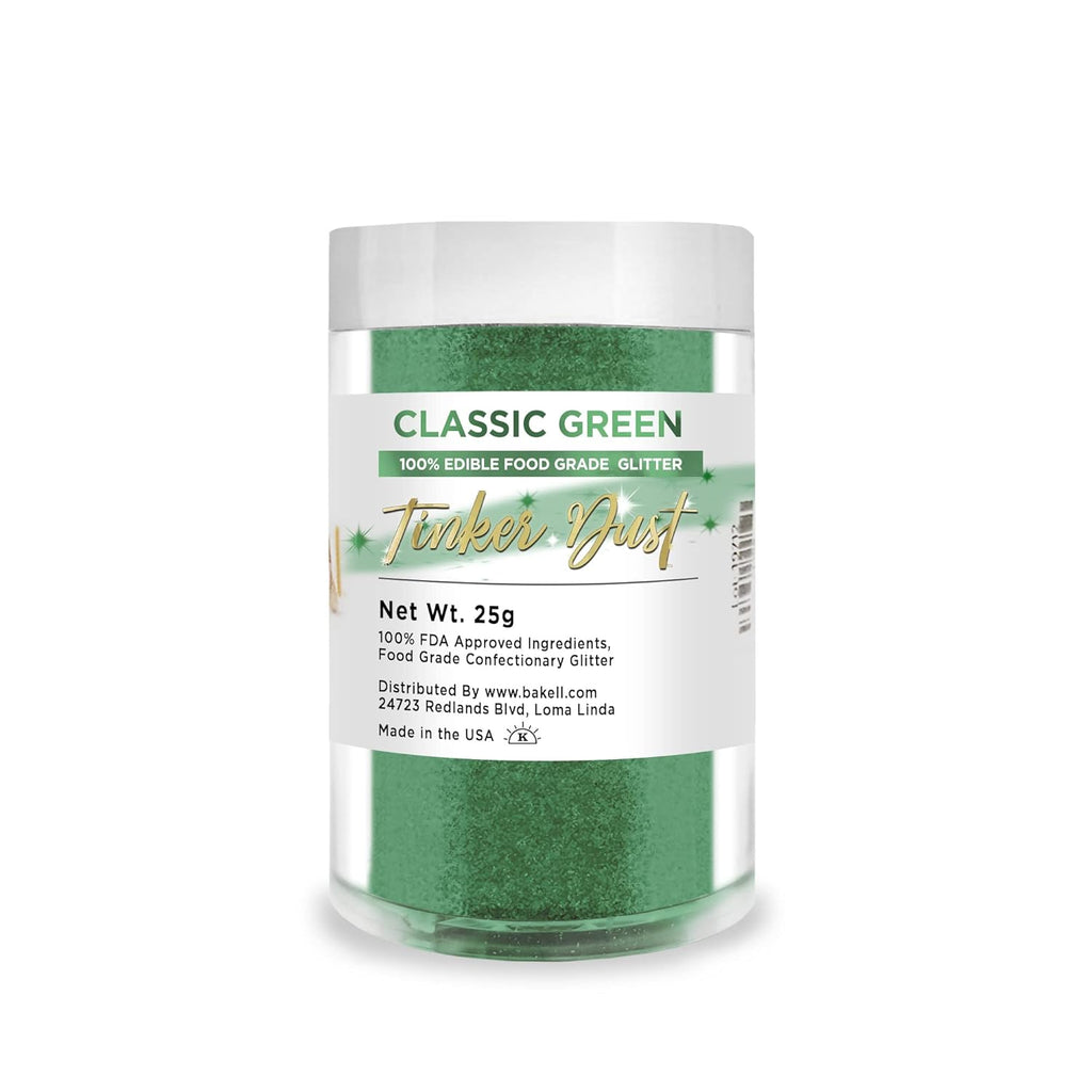 BAKELL Classic Green Edible Glitter, 25 Grams | TINKER DUST Edible Glitter | KOSHER Certified | 100% Edible Glitter | Cakes, Cupcakes, Cake Pops, Drinks, Dessert Vegan Glitter & Dusts (25g, Classic Green)