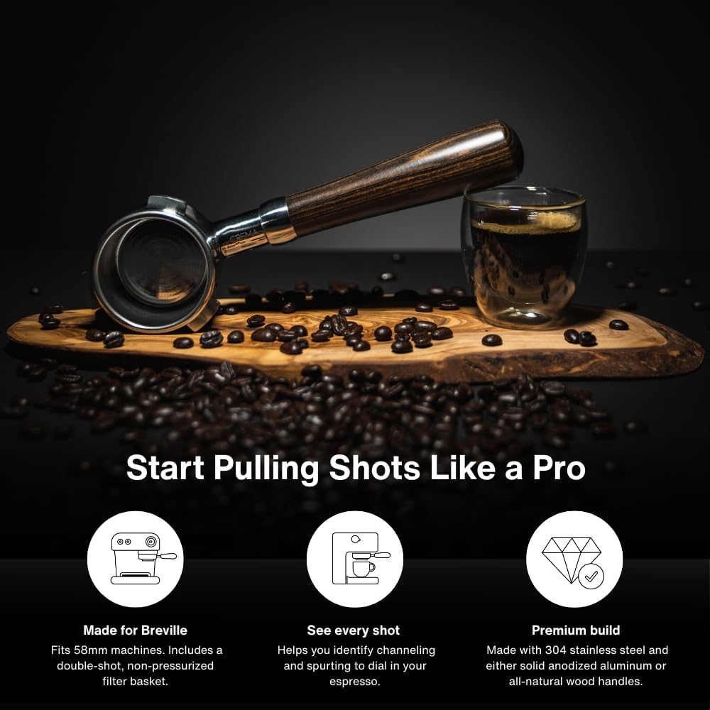 Crema Coffee Products 58mm Bottomless Naked Portafilter | Compatible with 58mm for E61 | Includes Double Shot Filter Basket | Walnut