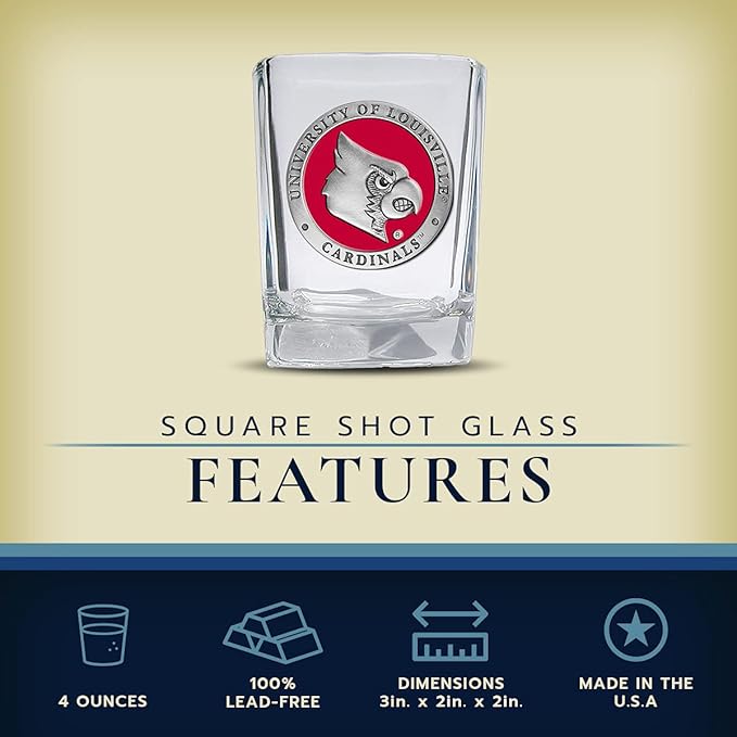 Heritage Pewter Louisville Square Shot Glass | Hand-Sculpted 1.5 Ounce Shot Glass | Intricately Crafted Metal Pewter Alma Mater Inlay