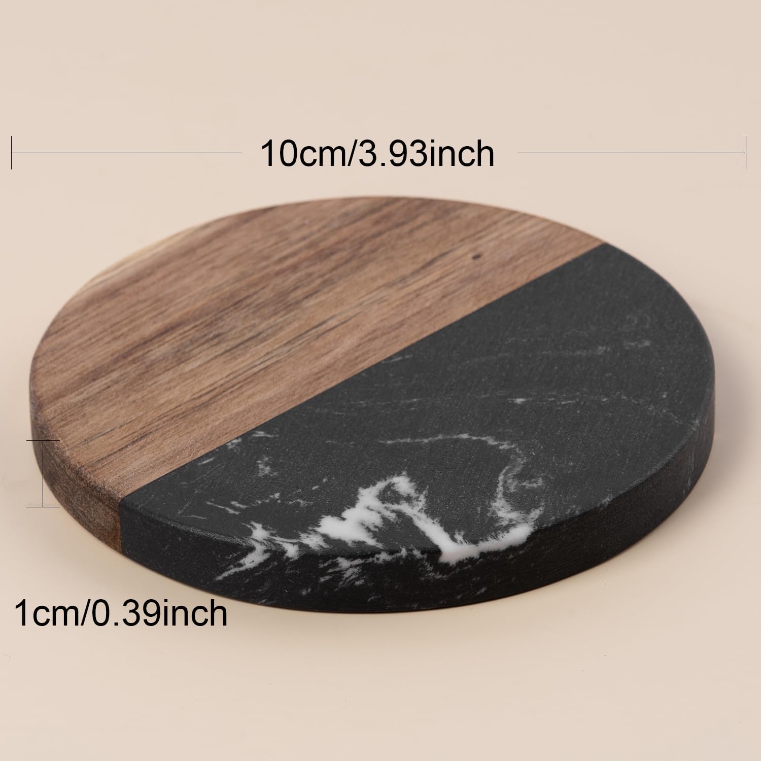 Marble Coasters: 4-Piece Set of Acacia Wood Marble Coasters, Suitable for Kitchens, Offices, and can be Used as Gifts (Black Round)