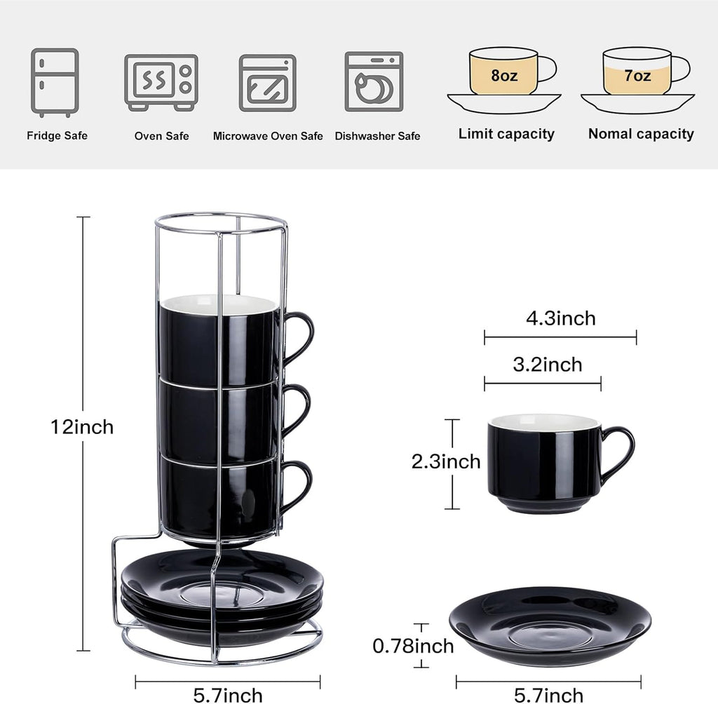 8 Ounce Porcelain Cappuccino Cups with Saucers and Silver Stand, Black Cups Set of 4