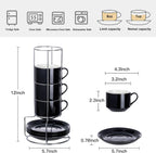 8 Ounce Porcelain Cappuccino Cups with Saucers and Silver Stand, Black Cups Set of 4