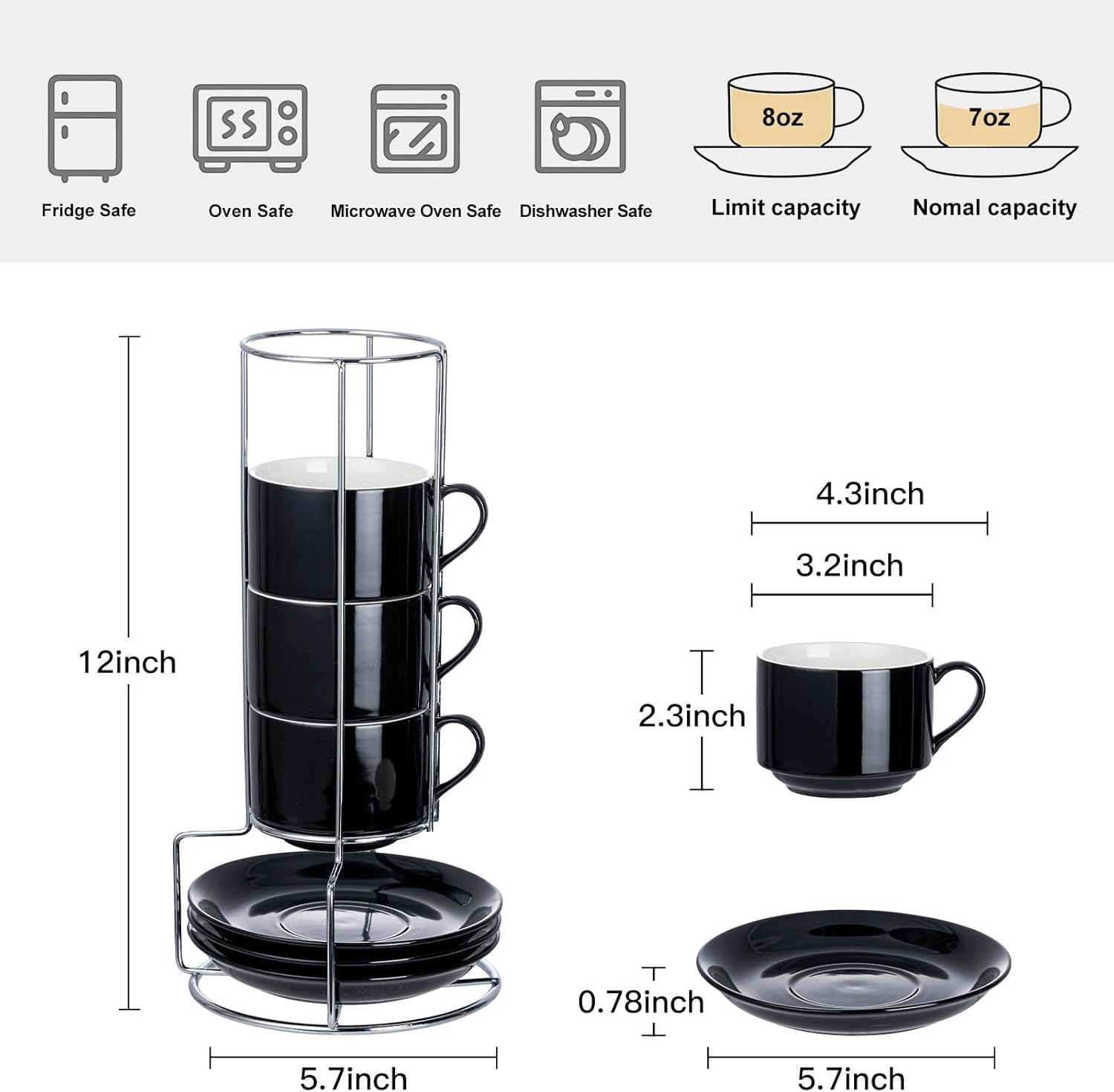 8 Ounce Porcelain Cappuccino Cups with Saucers and Silver Stand, Black Cups Set of 4