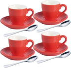 homEdge Porcelain Espresso Shot Cup Set with Saucers and Stainless Steel Spoons - 80 ml / 2.67 oz, Set of 4, Red