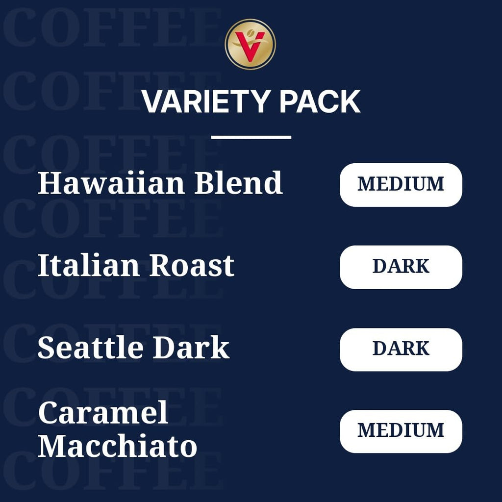 Victor Allen's Coffee Variety Pack (Kona Blend, Italian Roast, Seattle Dark, Caramel Macchiato), 96 Count, Single Serve Coffee Pods for Keurig K-Cup Brewers