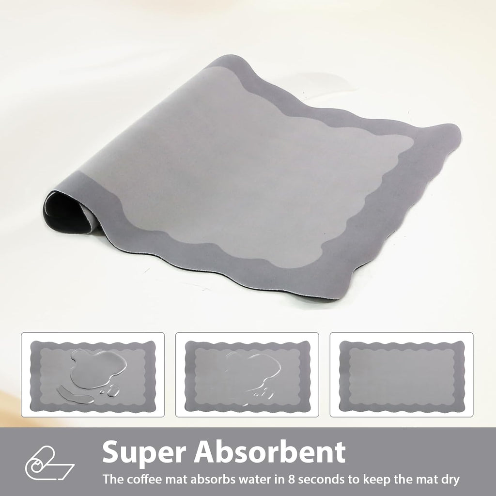 Scalloped Coffee Bar Mat for Countertop, Cute Dish Drying Mats for Kitchen Counter, Diatomite Absorbent Mat for Coffee Station, Kitchen Aesthetic Decor (12"x19", Grey)